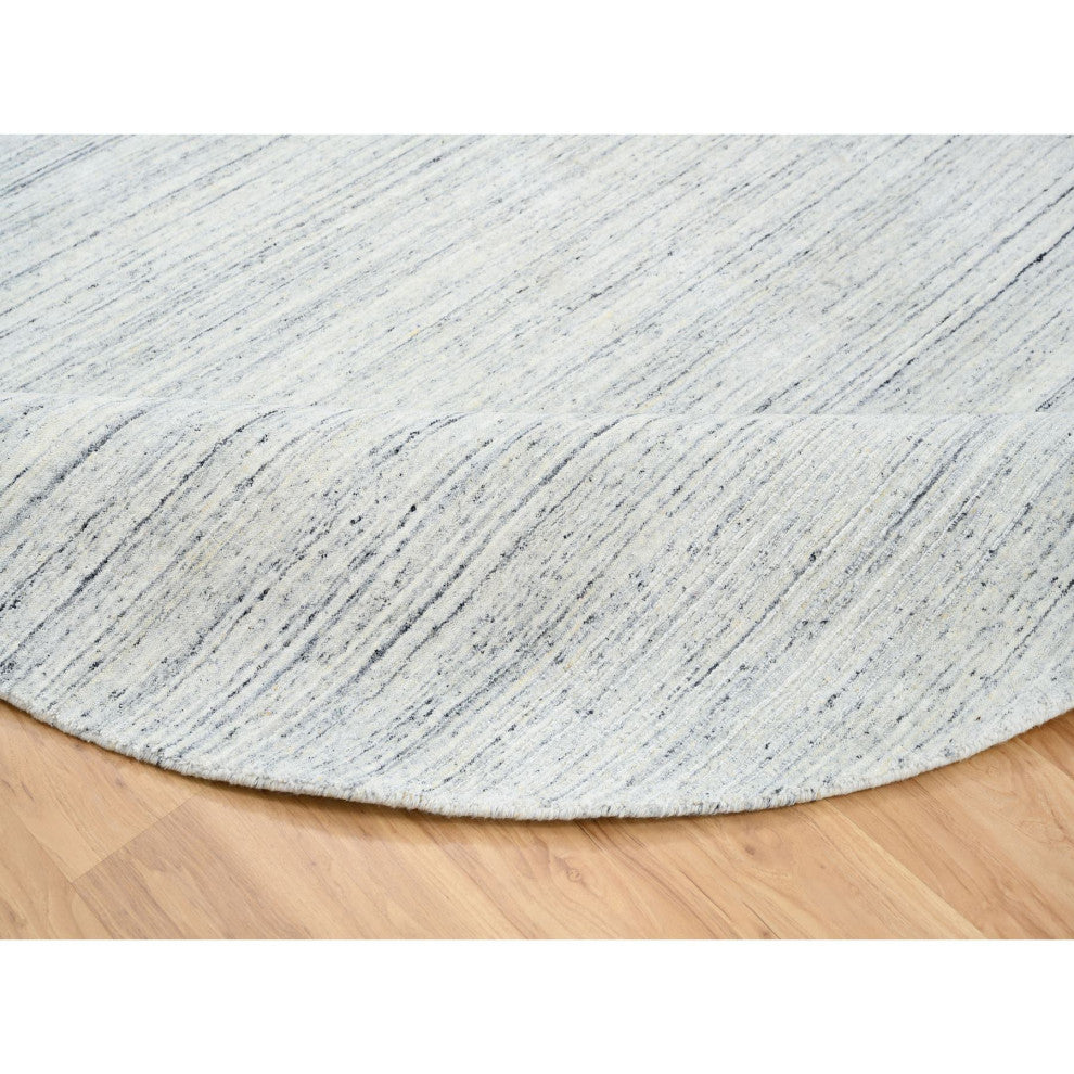 Ivory, Plain Modern Striped Design, Soft Wool Hand Loomed Round Rug, 8'0"x8'0"