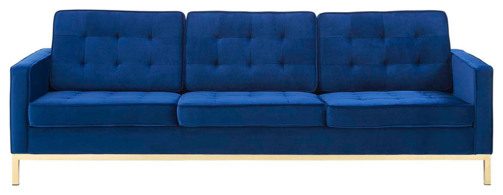 Modern Designer Lounge Sofa, Velvet Fabric Metal Steel, Gold Blue Navy