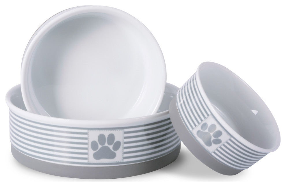 DII Pet Bowl Paw Patch Stripe Gray Large 7.5dx2.4h (Set of 2)