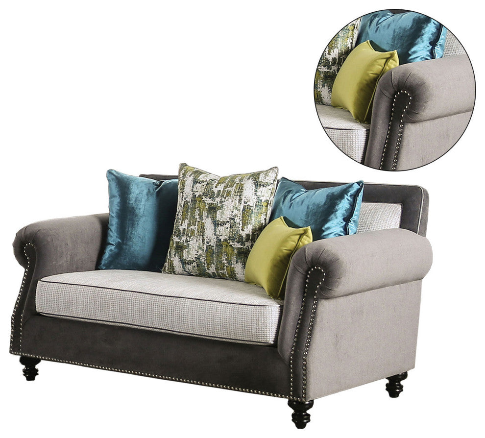 Wooden and Microfiber Loveseat with Nailhead Trim, Gray