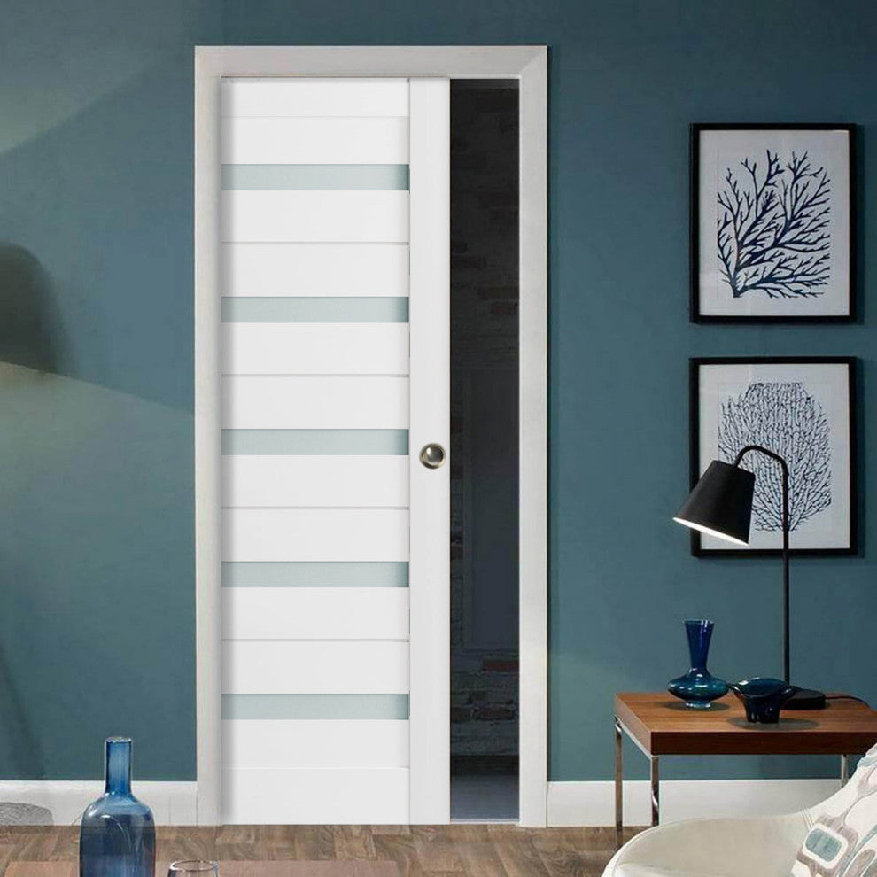 Sliding Pocket Door 28 x 80 Frosted Glass, Quadro 4445 White, Rail