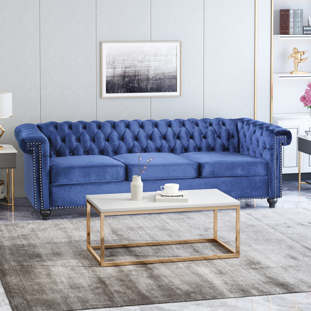 Spencer Tufted Chesterfield Velvet 3-Seater Sofa, Midnight Blue/Dark Brown