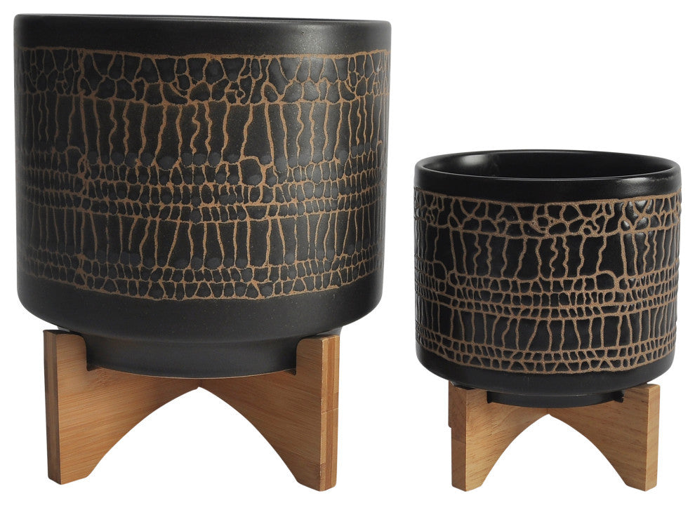 2-Piece Set Glazed Planter With Stand, Black