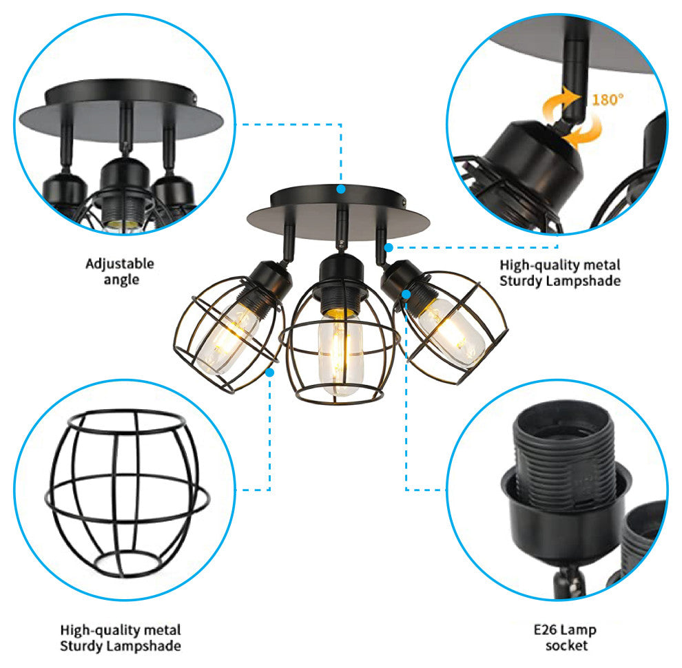 3-Light rustic ceiling Black flush mount ceiling light Metal light fixture