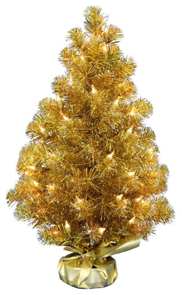 Vickerman G190825 2'X16" Gold Tinsel Artificial Christmas Tree, Clear Lights