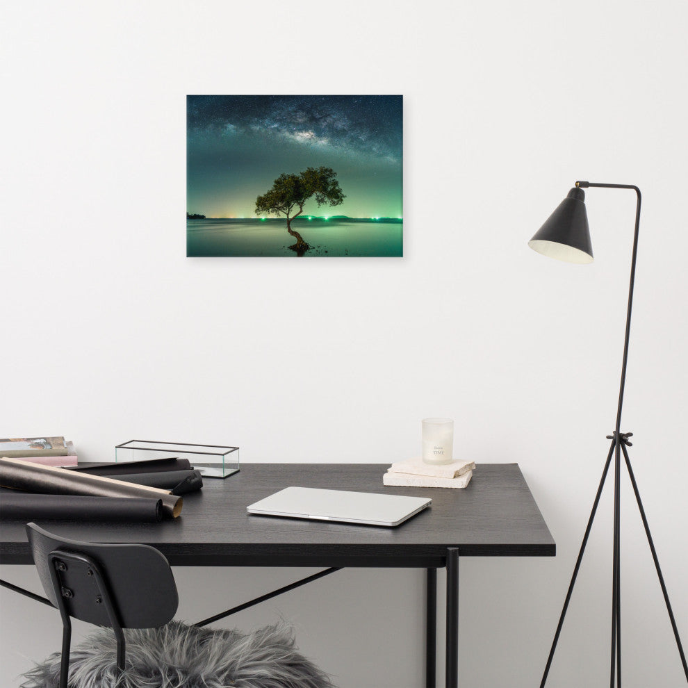 Glowing Milky Way Galaxy with Tree Canvas Wall Art Prints, 18" X 24"