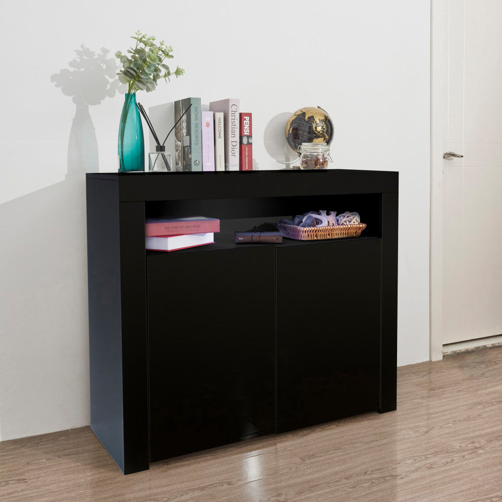 Wood Double Door Accent Cabinet with LED Light, Black, 42'' X 16''