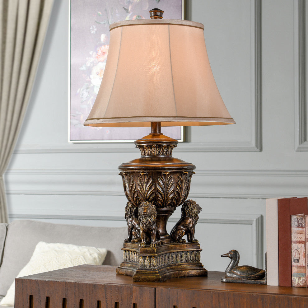Persian Style Lions Den Table Lamp in Majestic Gold and Round Bell Shade