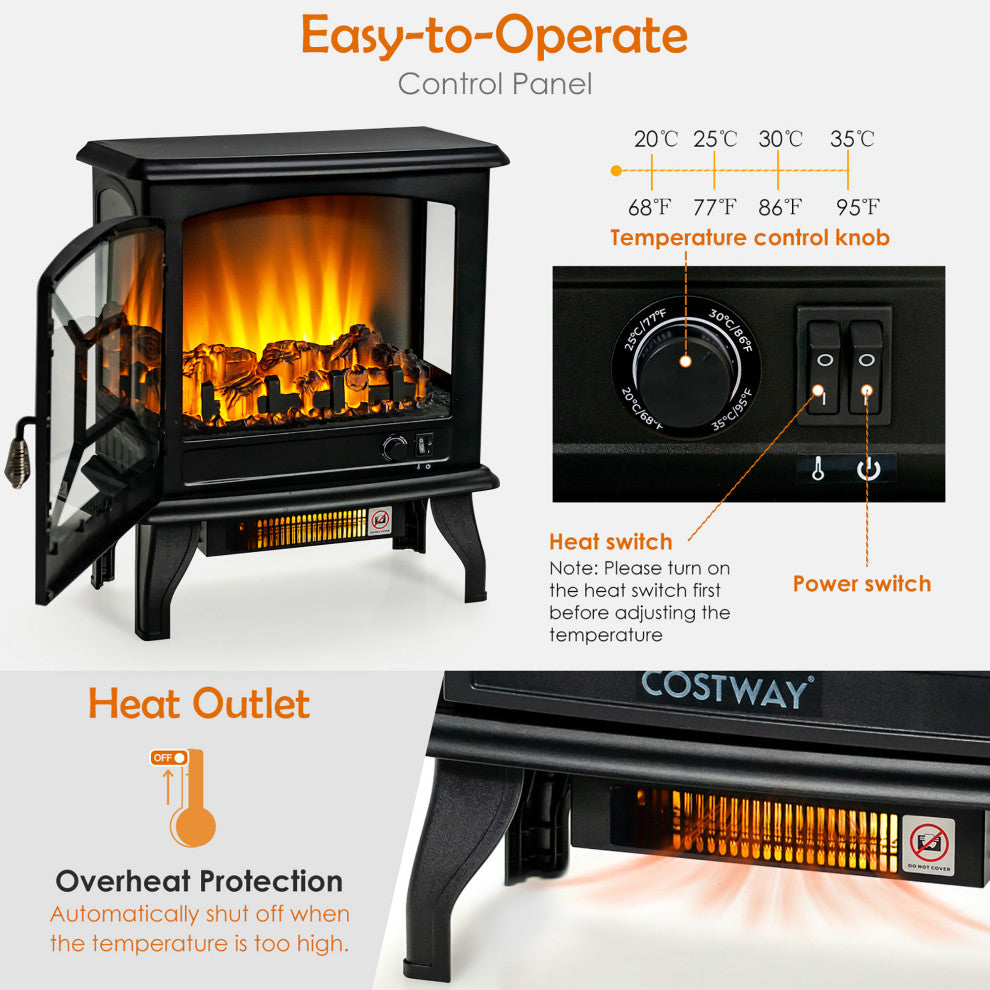 Costway 20'' Freestanding Electric Fireplace Heater W/ Realistic Flame 1400W