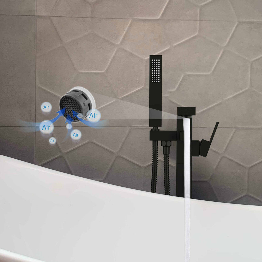 Cube Single Handle Floor Mount Tub Filler With Hand Shower, Matte Black
