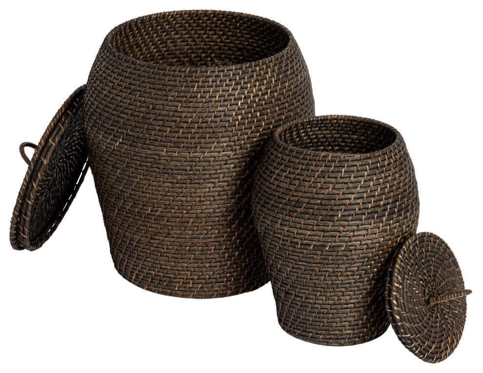 Rattan Wicker Storage Basket With Lid, Washed Black Finish, Set of 2