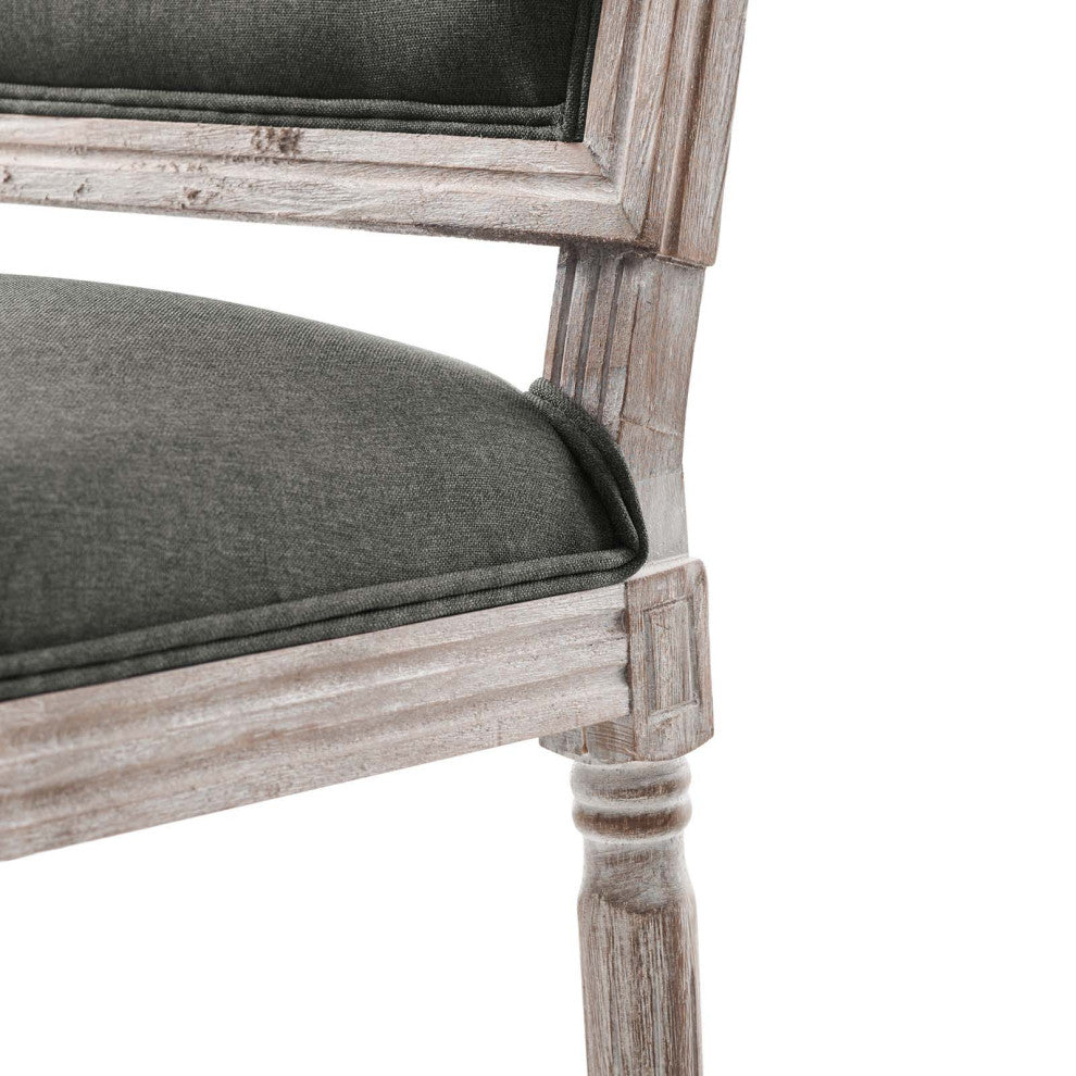French Vintage Side Dining Chair, Fabric, Wood, Brown Natural Gray, Modern
