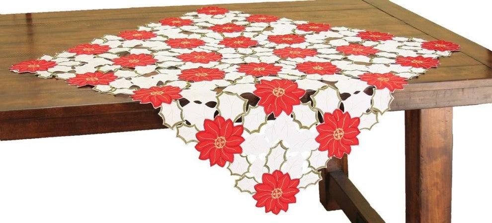 Holiday Poinsettia Embroidered Cutwork Table Topper, 34"x34"