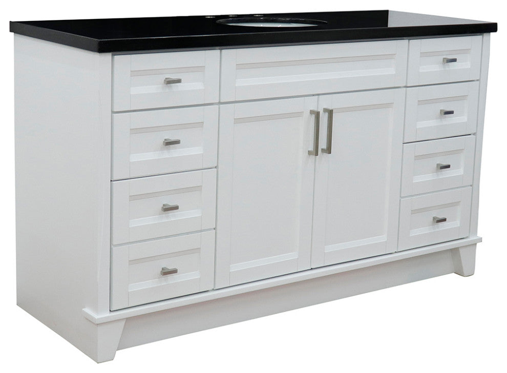 61" Single Sink Vanity, White Finish And Black Galaxy Granite And Oval Sink