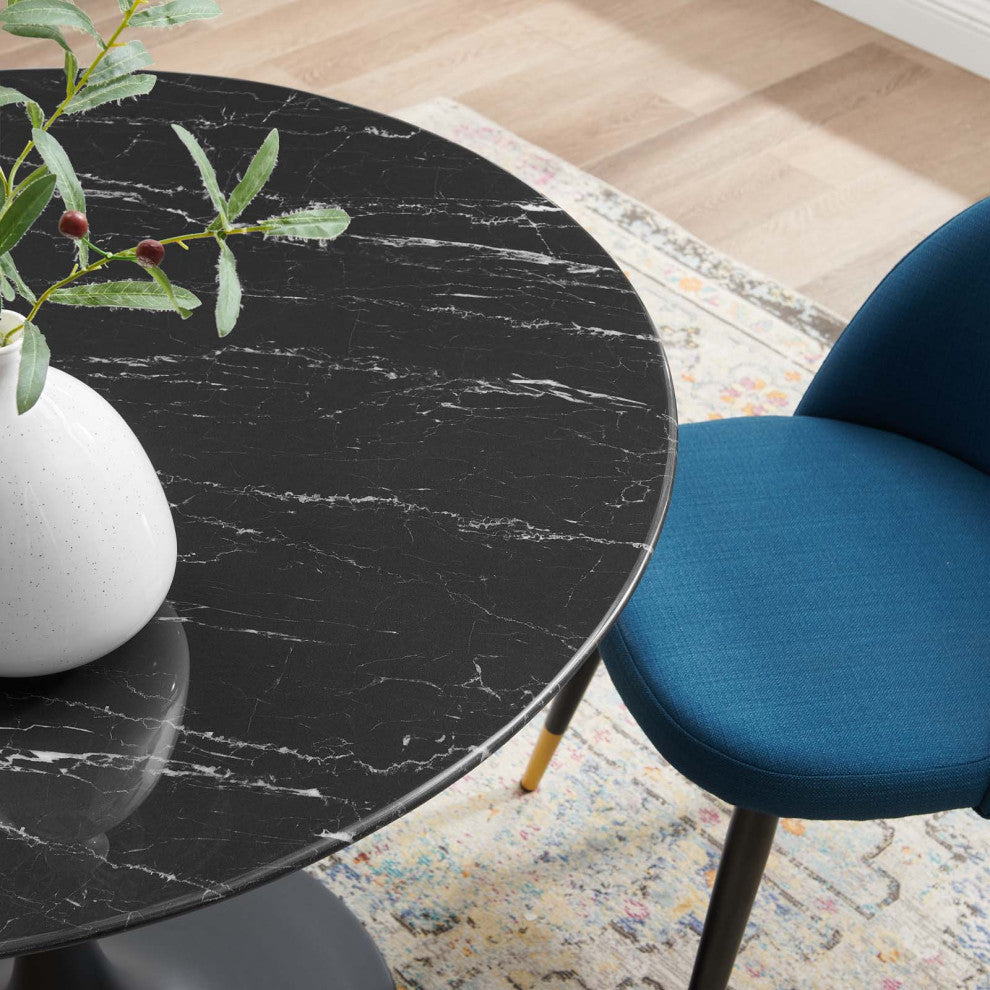 Dining Table, Round, Artificial Marble, Metal, Black, Modern, Bistro Restaurant