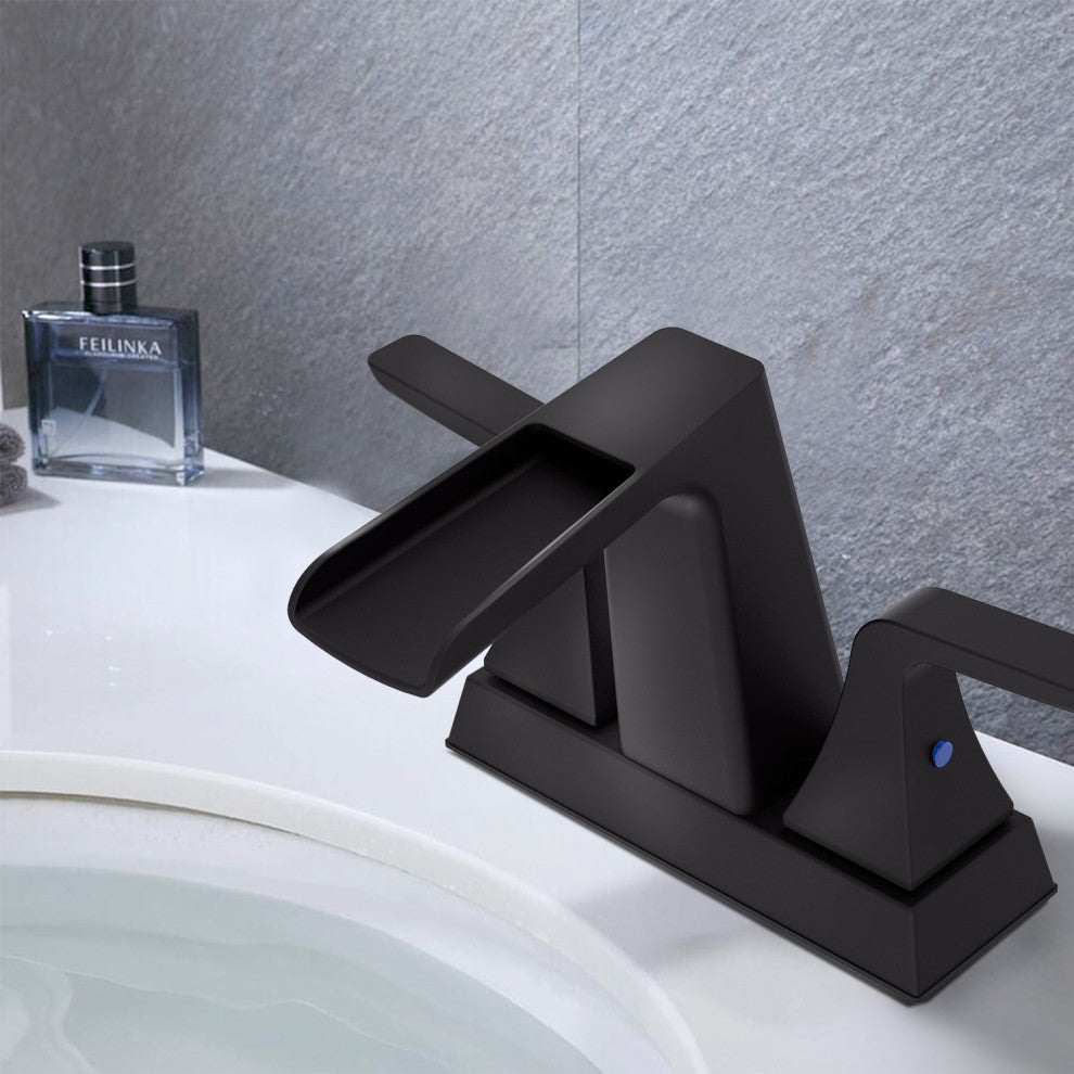 4" Centerset Waterfall Bathroom Faucet, Overflow Pop Up Drain, Matte Black