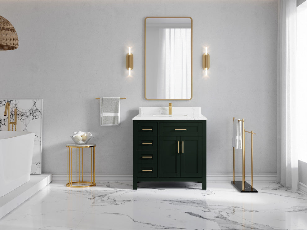 Cambridge 36 Center Sink Bath Vanity in Dark Forest Green 1.5" Empira Quartz