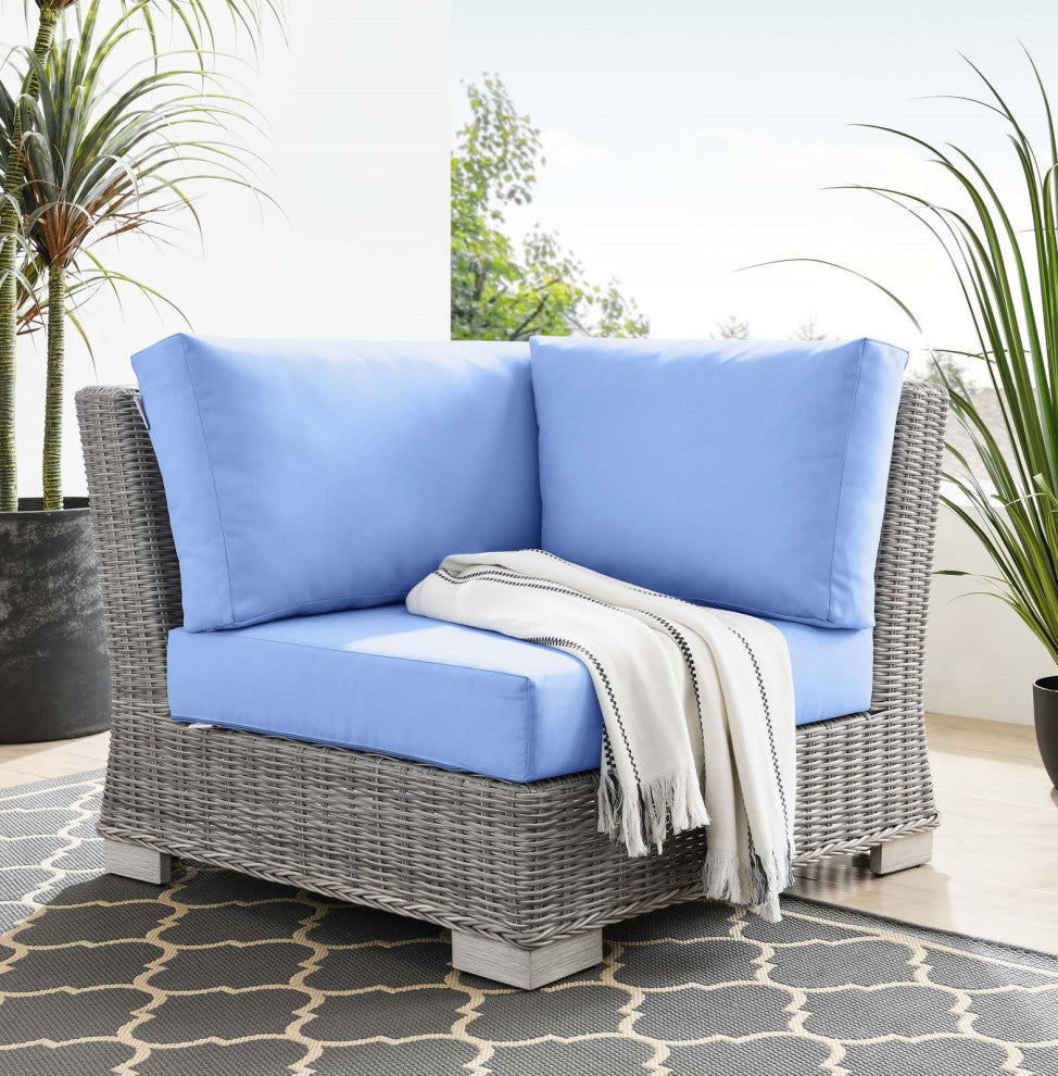 Sofa Corner Chair, Rattan, Wicker, Gray Blue, Modern, Outdoor Patio Cafe