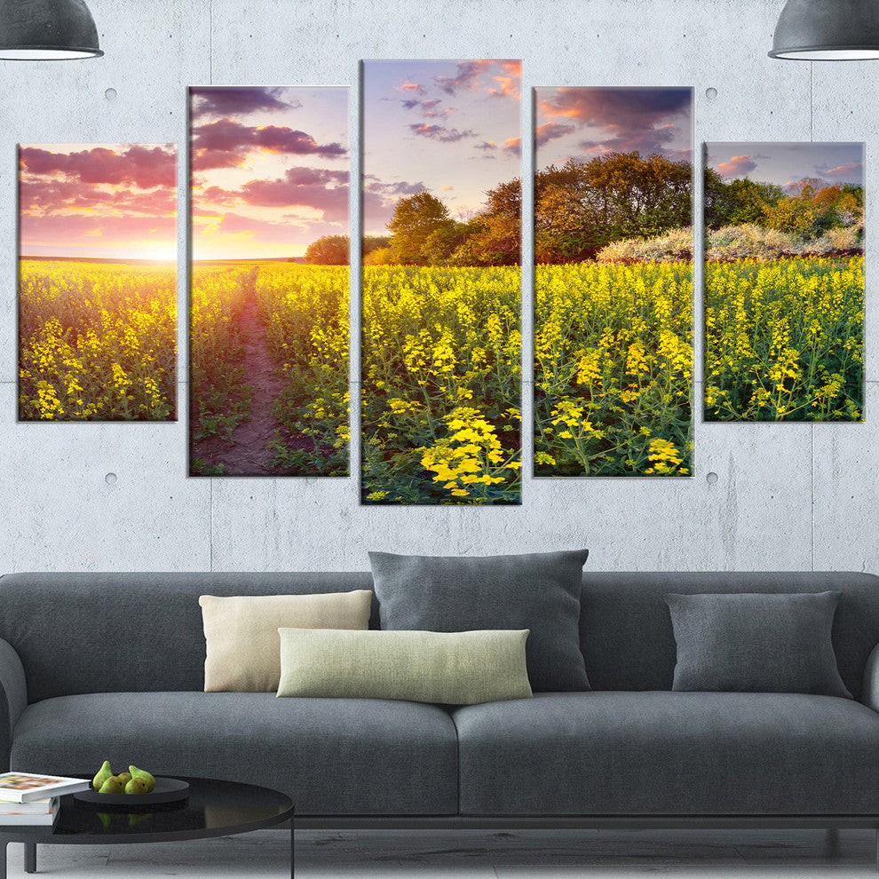 Fantastic Yellow Field at Sunset, Landscape Canvas Print, 60"x32", 5 Panels