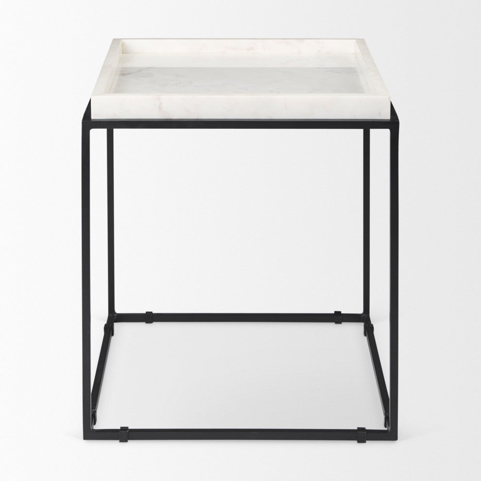 Nathan II 18"x20" Square Top White Marble and Black Metal End/Side Table