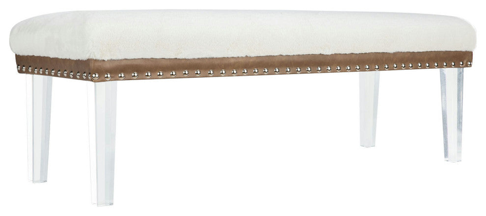 Brianna Modern Luxury Faux Fur Upholstered Bench with Clear Legs - Snow