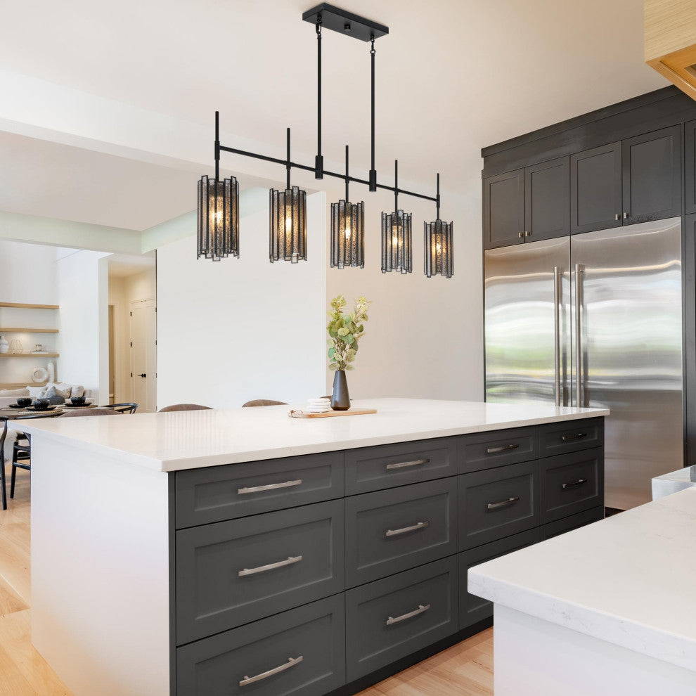 LNC Hemera 5-Light 45" Matte Black with Tiffany, Modern Kitchen Island Light