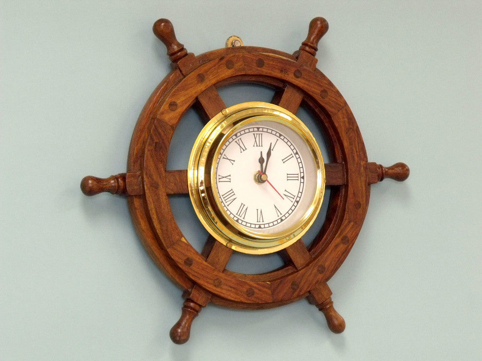 Wooden Ship Wheel Clock, 12"