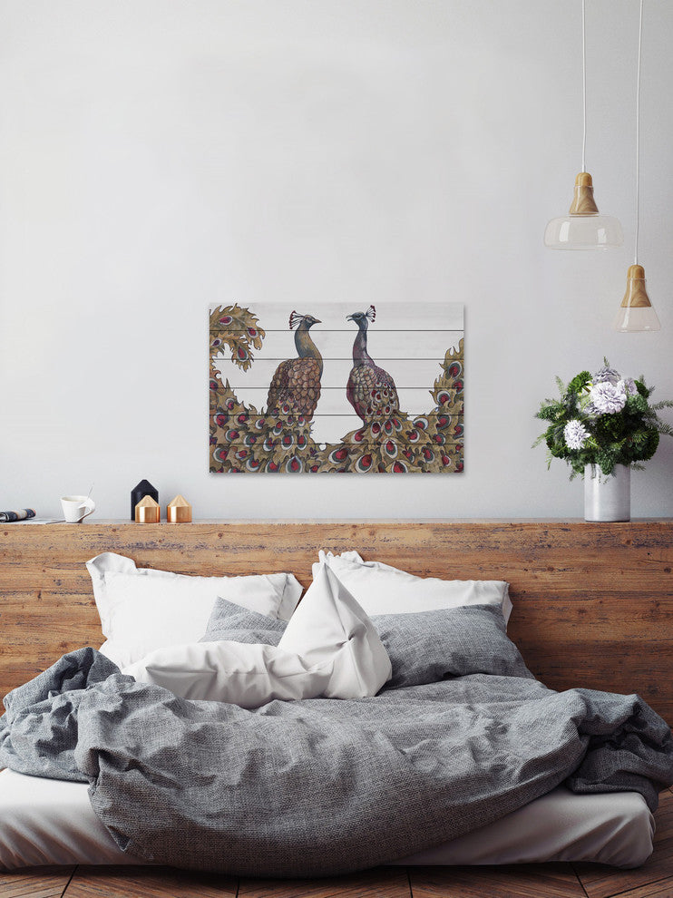 "Peacock Partner I" Painting Print on White Wood, 36"x24"