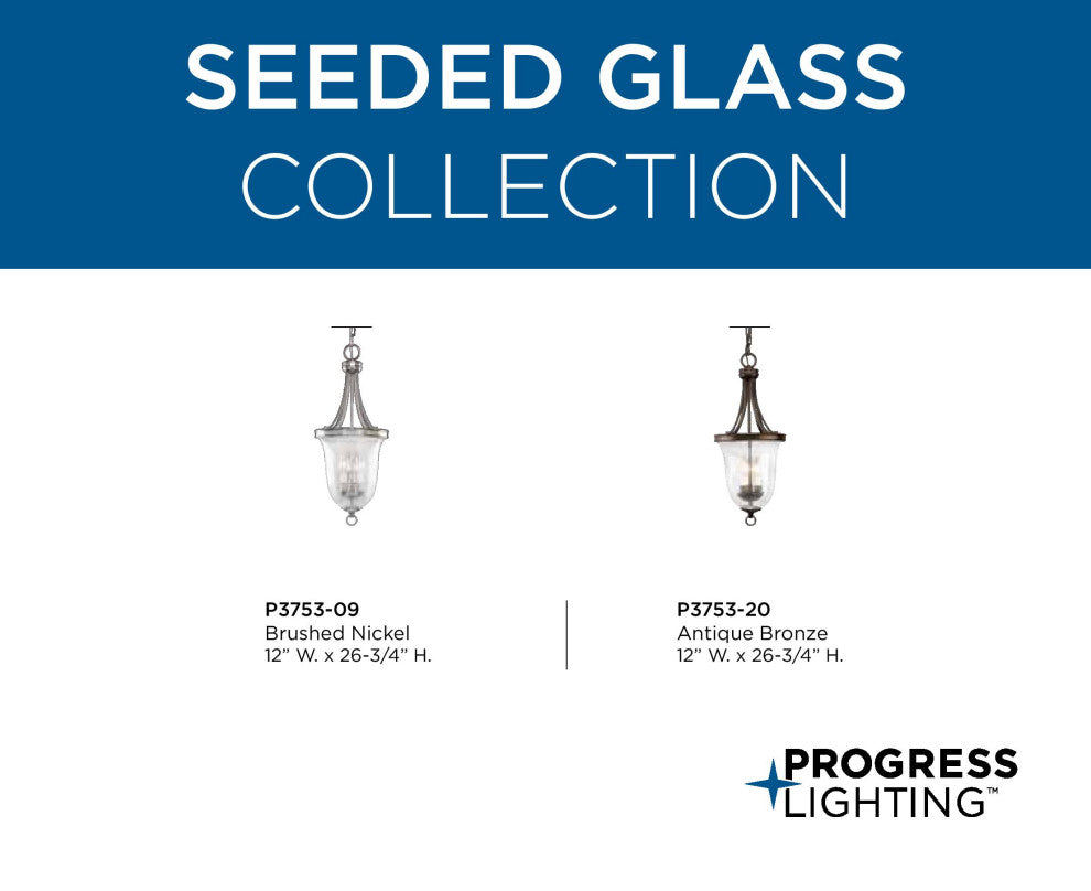 Progress Lighting 3-Light Foyer With Clear Seeded Glass Bowl, Brushed Nickel