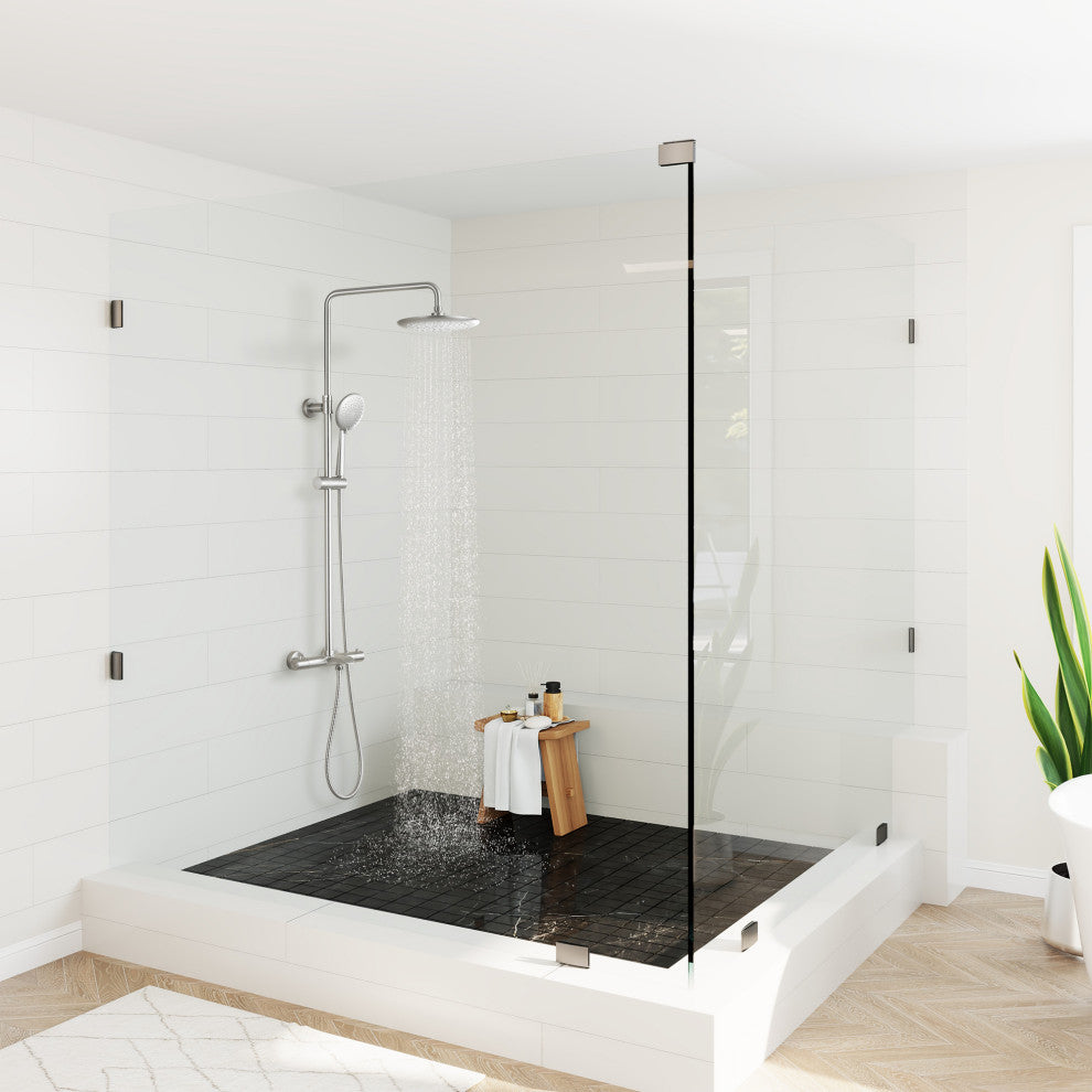 Thermostatic Round Shower Faucet Dual Head Waterfall Shower Bar System, Brushed Nickle