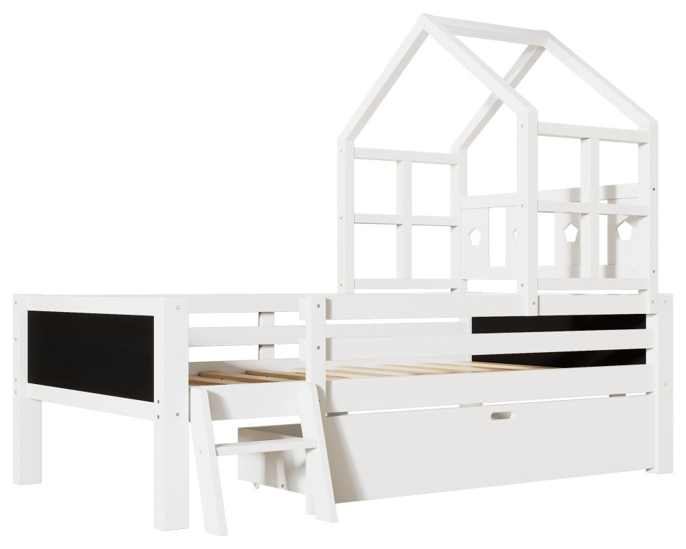 Gewnee Twin Size House Bed with Ladder and Storage Drawers for Kid Bedroom