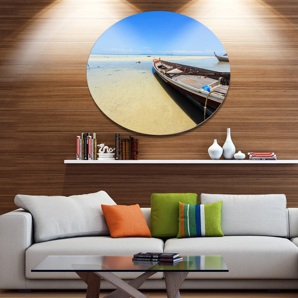 Traditional Thai Boat On Beach, Seashore Disc Metal Artwork, 36"