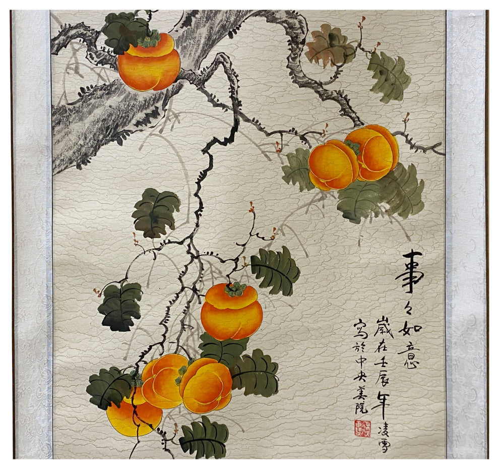 Chinese Color Ink Birds Persimmon Flower on Tree Scroll Painting Wall Art ws2010