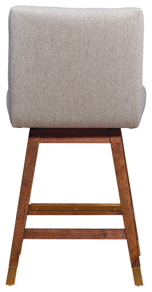 Basila Swivel Counter Stool in Brown Oak Wood Finish with Taupe Fabric
