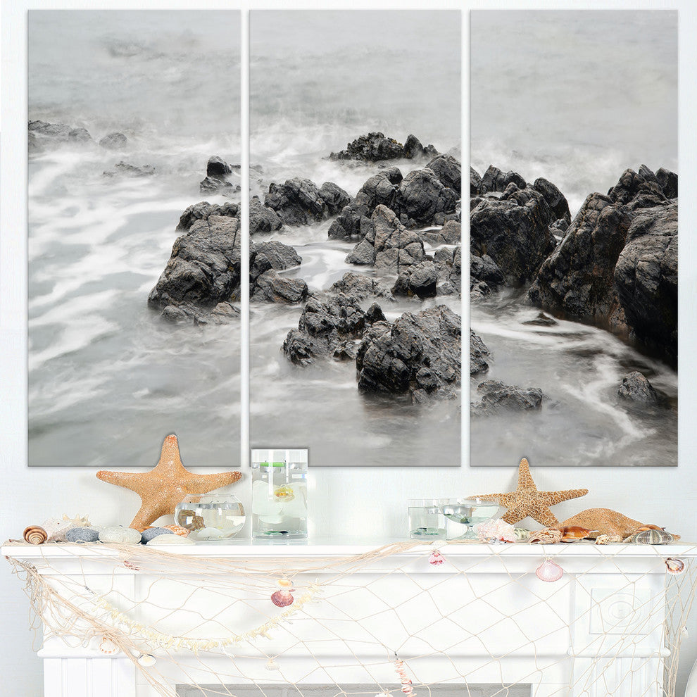 "Black and White Rocky Coastline" Metal Wall Art, 3 Panels, 36"x28"