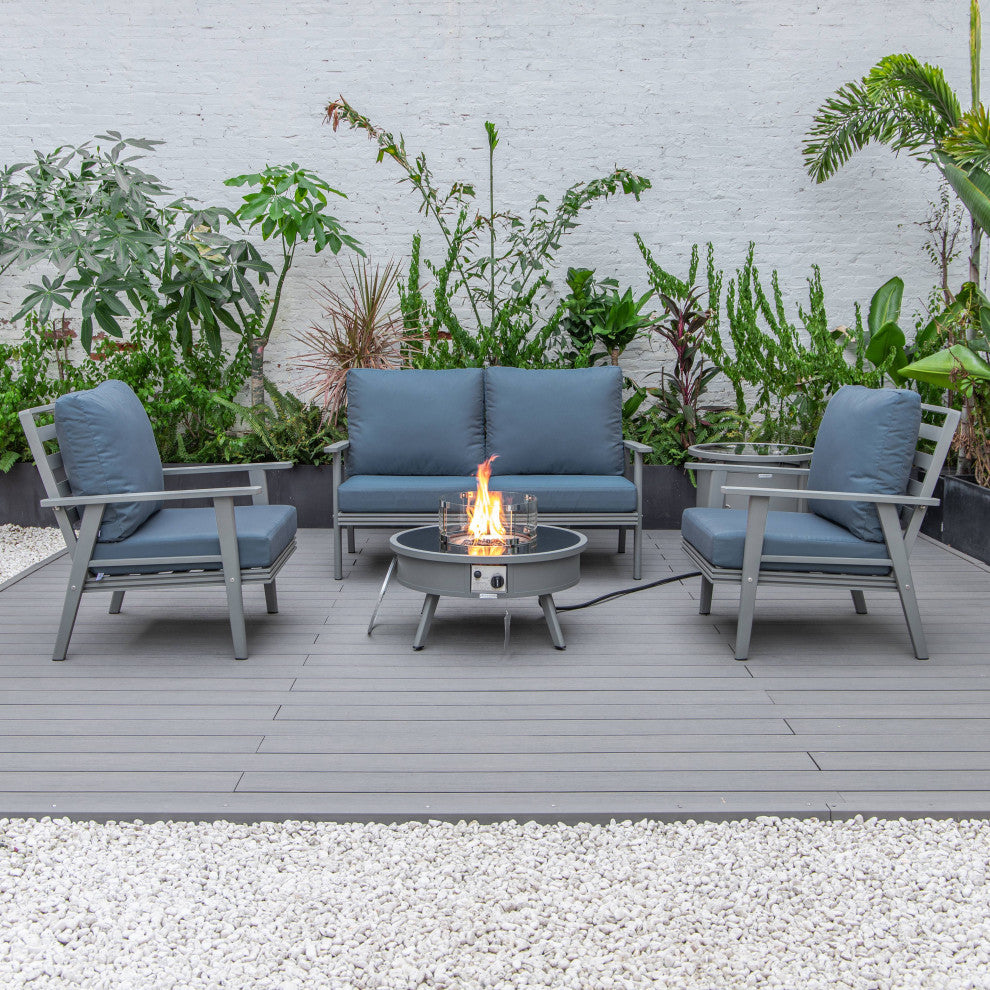 LeisureMod Walbrooke Grey Patio Sofa Set With Round Fire Pit Table, Navy Blue