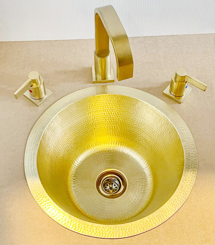 Hammered Brass Bar Sink 14" Matte Brass with 2" drain