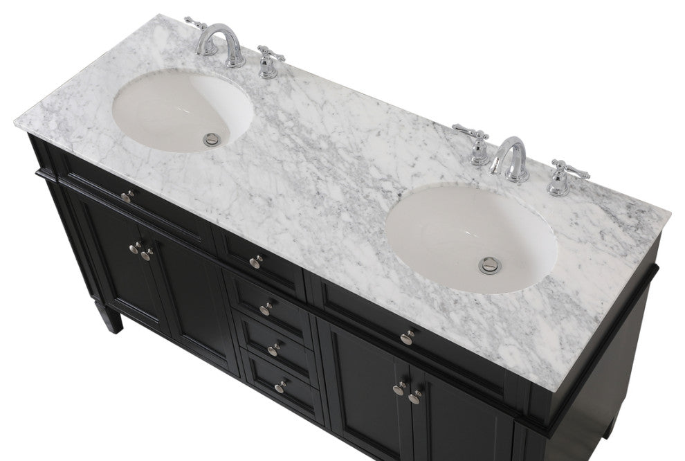 Home Living Vanity with Carrara White Marble Countertop, Black, 60", Double Sink