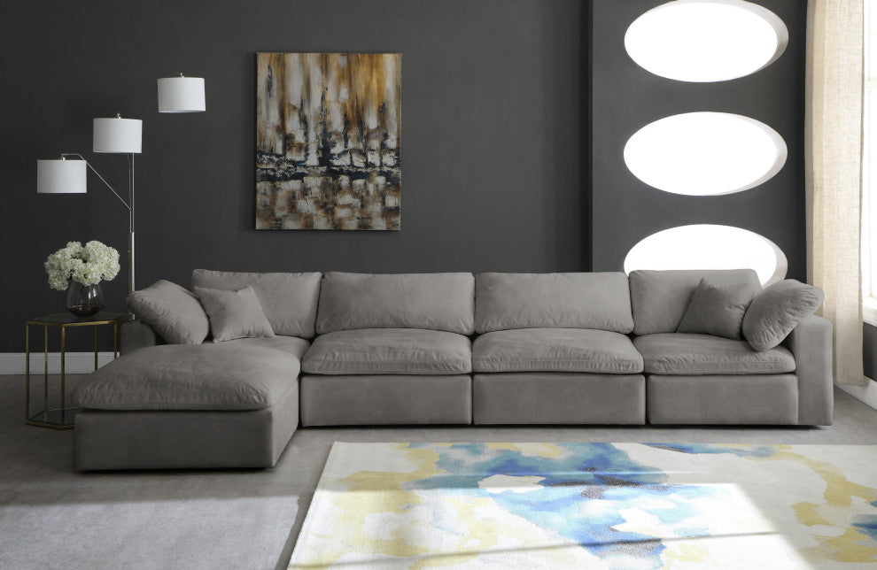 Cozy Velvet Upholstered Comfort L-Shaped Modular Sectional, Gray, 5-Piece: 2 Armless Chair, 2 Corner Chair, 1 Ottoman