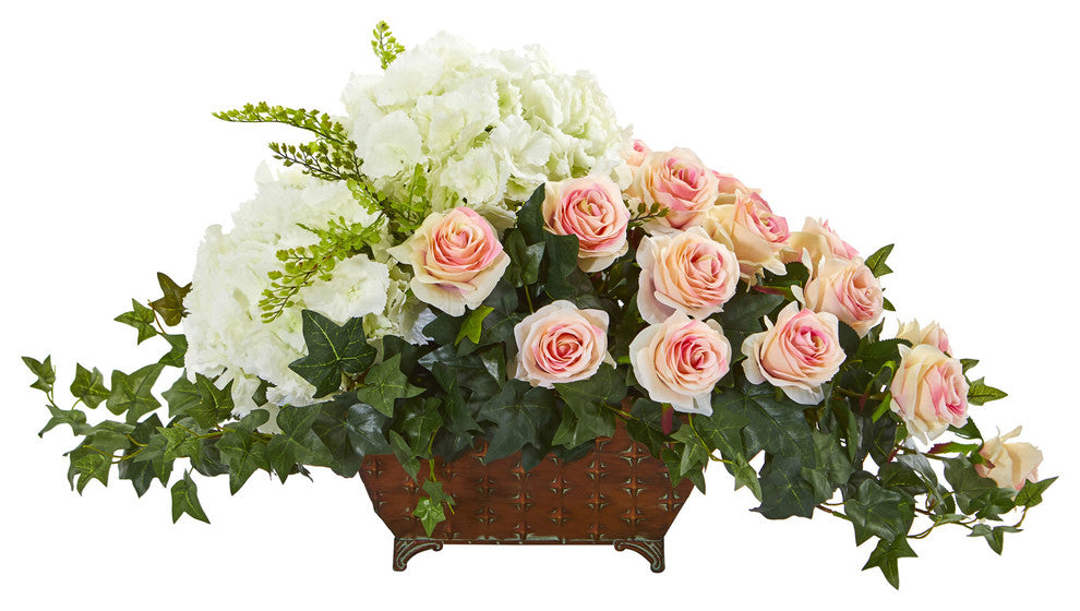 Hydrangea and Rose Artificial Arrangement in Metal Planter