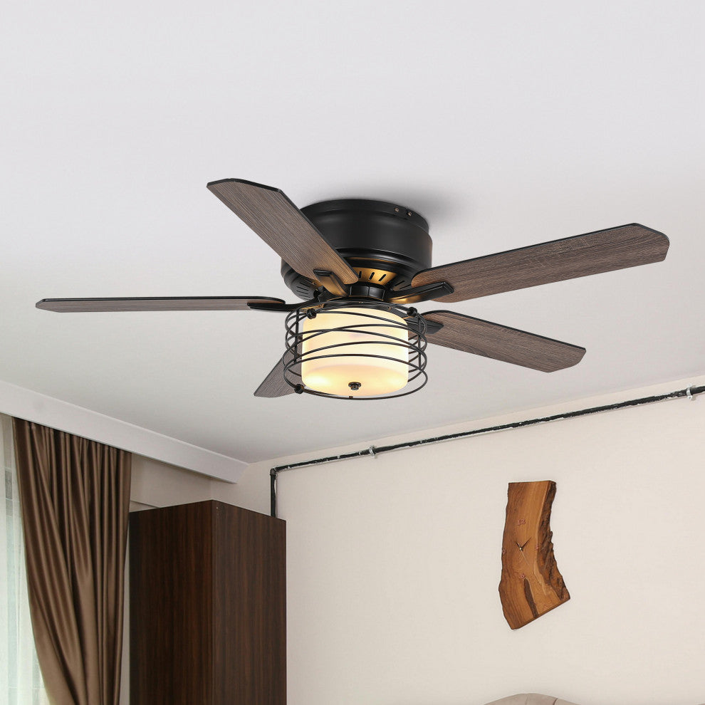 48 Black 5  Blades Industrial Flush Mounted LED Ceiling Fan With Remote Control