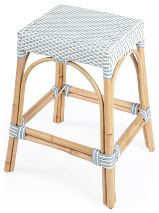 Robias Rectangular Rattan 24.5" Counter Stool, Blue and White