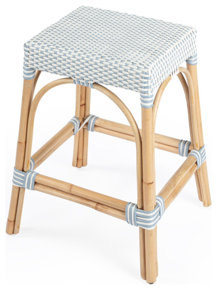 Robias Rectangular Rattan 24.5" Counter Stool, Blue and White