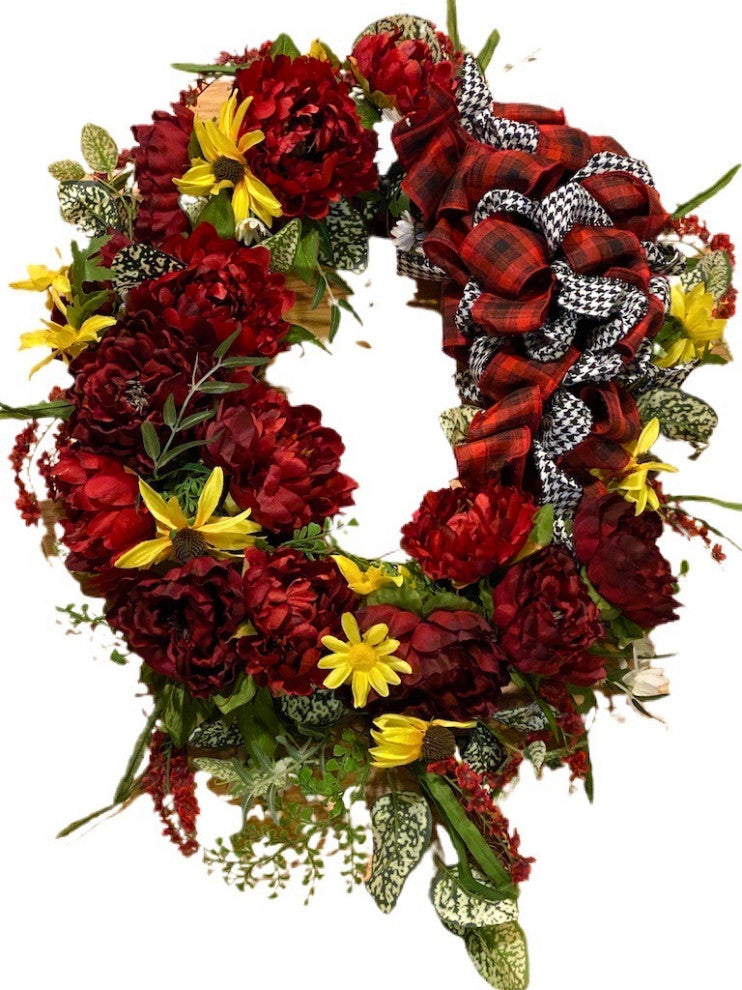Fall Wreath All season Oval Yellow Red Peony White Outdoor Silk Floral 28x24