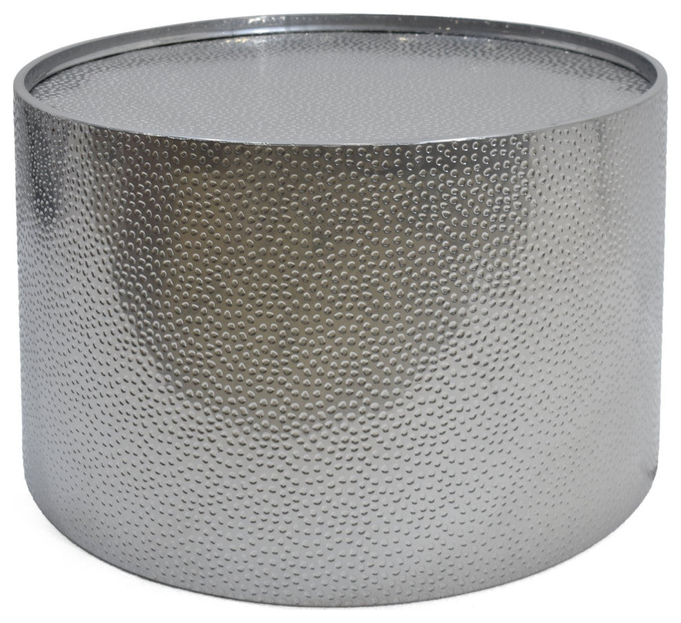 Unique Round Coffee Table, Hammered Metal Body With Cylindrical Shape, Silver