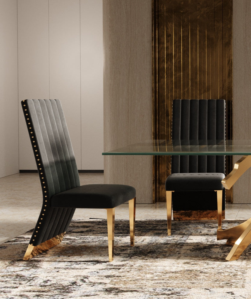 Modrest Keisha, Modern Black Velvet and Gold Dining Chair Set of 2