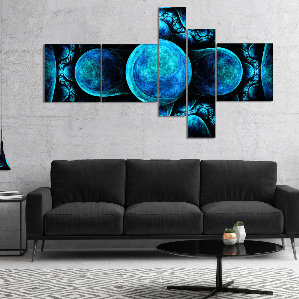 Blue Exotic Pattern on Black, Abstract Art on Canvas, 60"x32", 5 panels