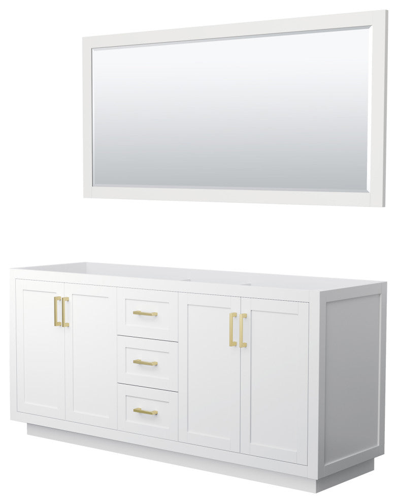 72" Double Bath Vanity, White, No Countertop, Gold Trim, 70" Mirror