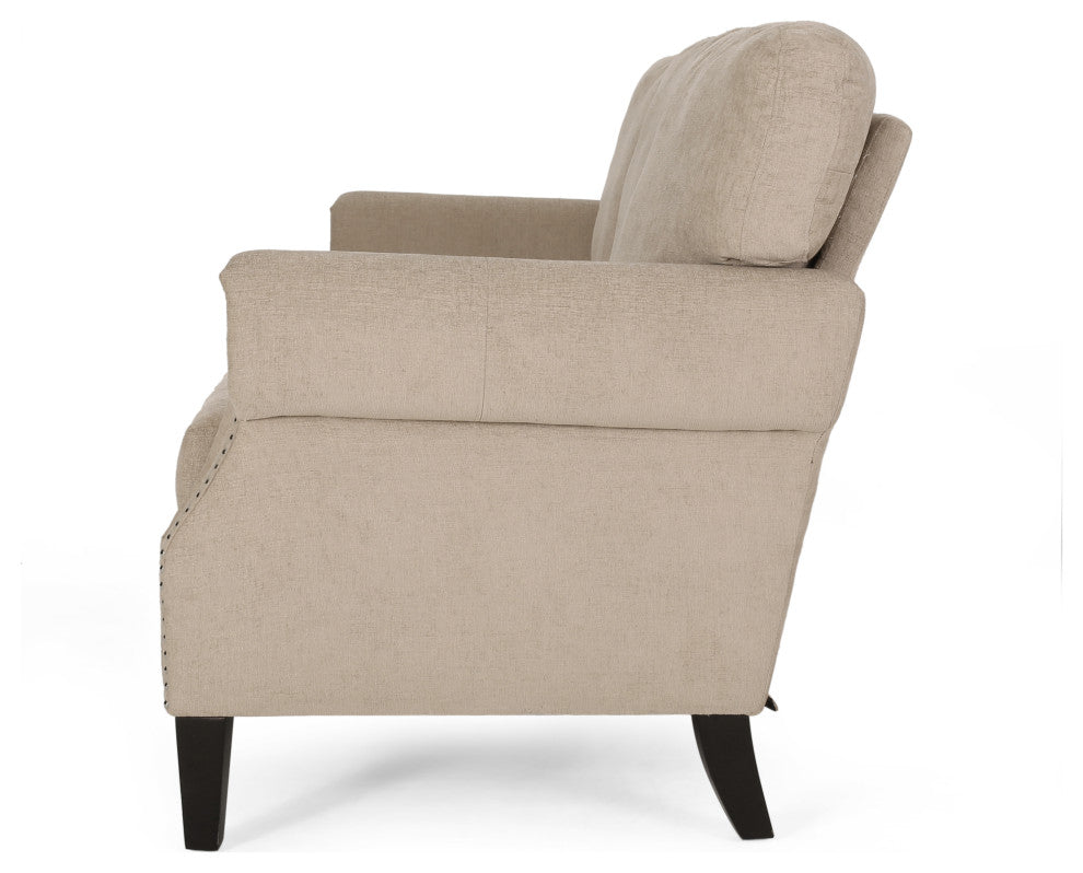 Dobles Contemporary Fabric 3-Seater Sofa, Nailhead Trim, Sand/Dark Brown