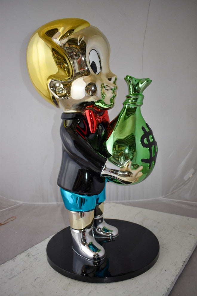 Excited Cartoon Boy Holding Money Bag Resin Statue Large Size: 16" x 16" x 32"